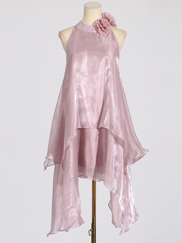 High Waisted Loose Double Layered Shiny Three-Dimensional Flower Halter-Neck Midi Dresses