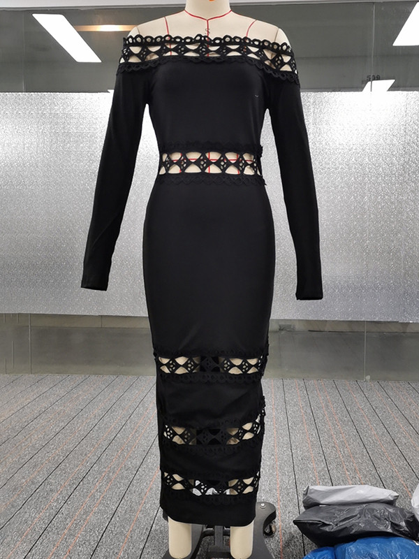 Bodycon Long Sleeves Hollow Solid Color Split-Joint Off-The-Shoulder Midi Dresses