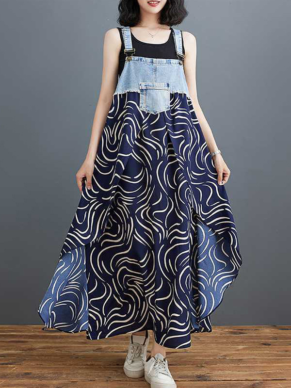 A-Line Loose Contrast Color Pockets Printed Split-Joint Spaghetti-Neck Maxi Dresses Suspender Dress