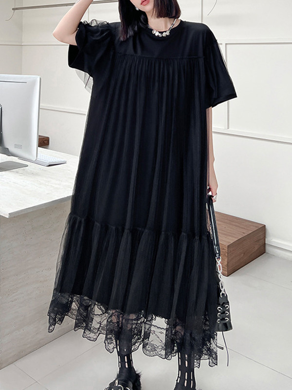 Fake Two-Piece Loose Gauze Pleated Solid Color Split-Joint Tiered Round-Neck Midi Dresses