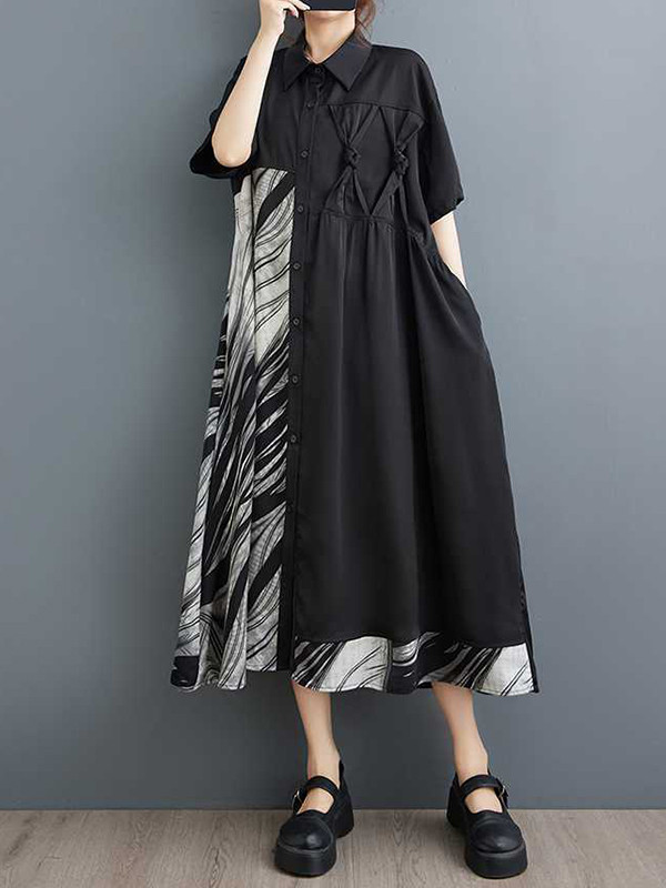 A-Line Loose Asymmetric Buttoned Pockets Split-Joint Lapel Midi Dresses Shirt Dress