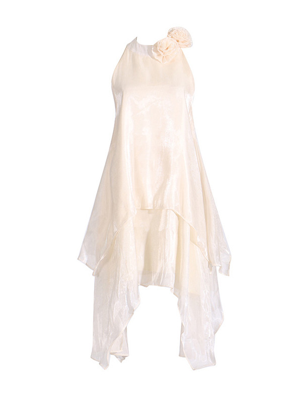 High Waisted Loose Double Layered Shiny Three-Dimensional Flower Halter-Neck Midi Dresses