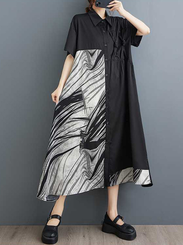 A-Line Loose Asymmetric Buttoned Pockets Split-Joint Lapel Midi Dresses Shirt Dress