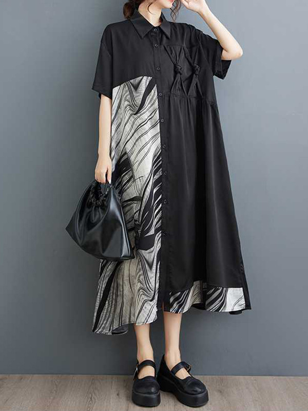 A-Line Loose Asymmetric Buttoned Pockets Split-Joint Lapel Midi Dresses Shirt Dress