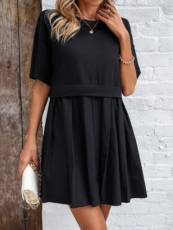 A-Line Half Sleeves Contrast Color Pleated Split-Joint Round-Neck Mini Dresses