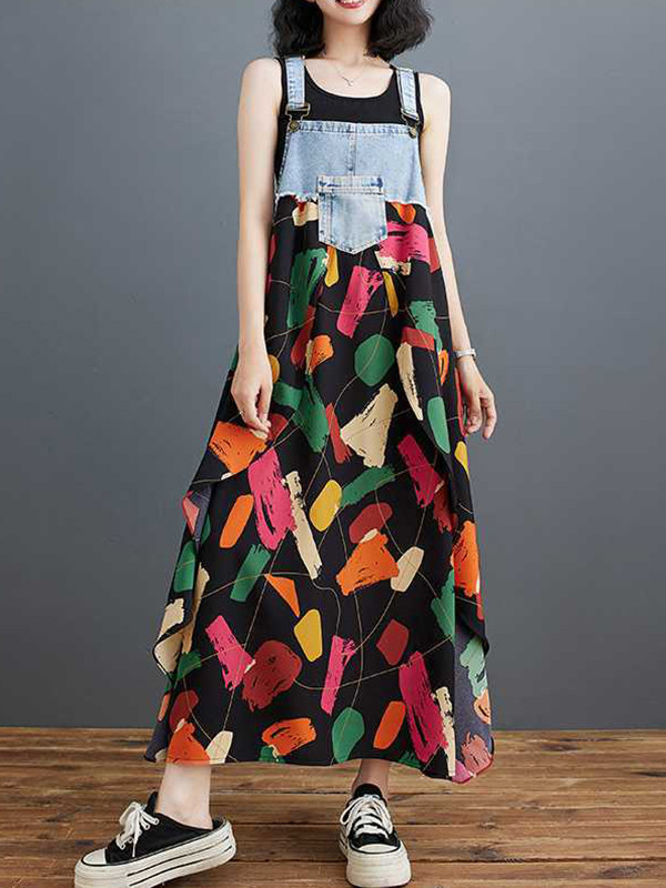 A-Line Loose Contrast Color Pockets Printed Split-Joint Spaghetti-Neck Maxi Dresses