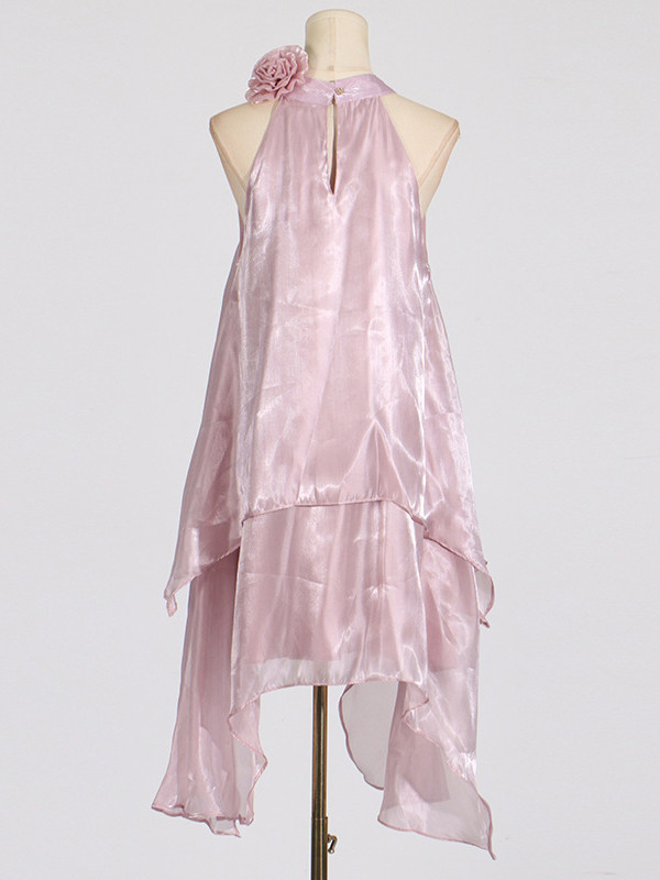 High Waisted Loose Double Layered Shiny Three-Dimensional Flower Halter-Neck Midi Dresses