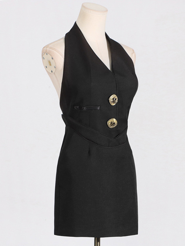 Bodycon High Waisted Backless Buttoned Pockets Split-Joint Halter-Neck Mini Dresses