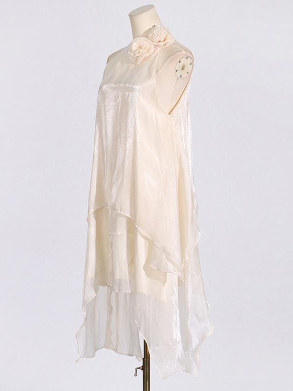 High Waisted Loose Double Layered Shiny Three-Dimensional Flower Halter-Neck Midi Dresses