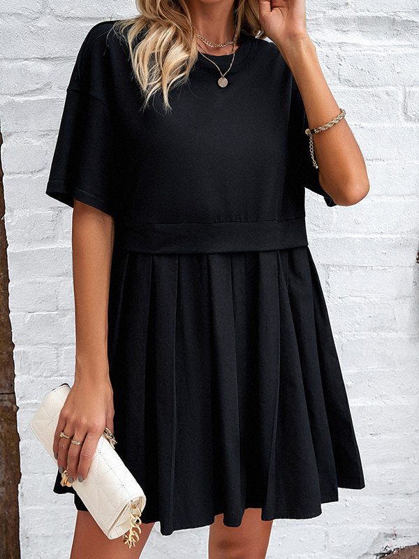 A-Line Half Sleeves Contrast Color Pleated Split-Joint Round-Neck Mini Dresses