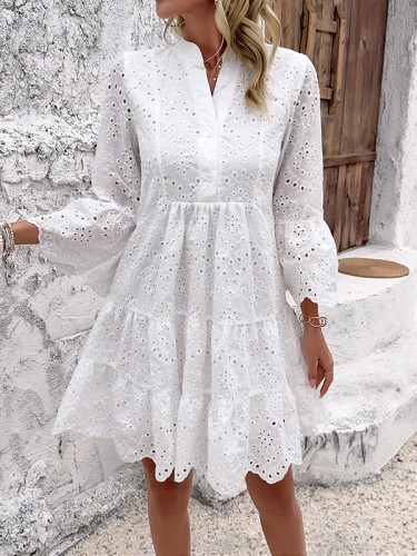 Flared Sleeves Long Sleeves Hollow Pleated Solid Color Split-Joint V-Neck Mini Dresses