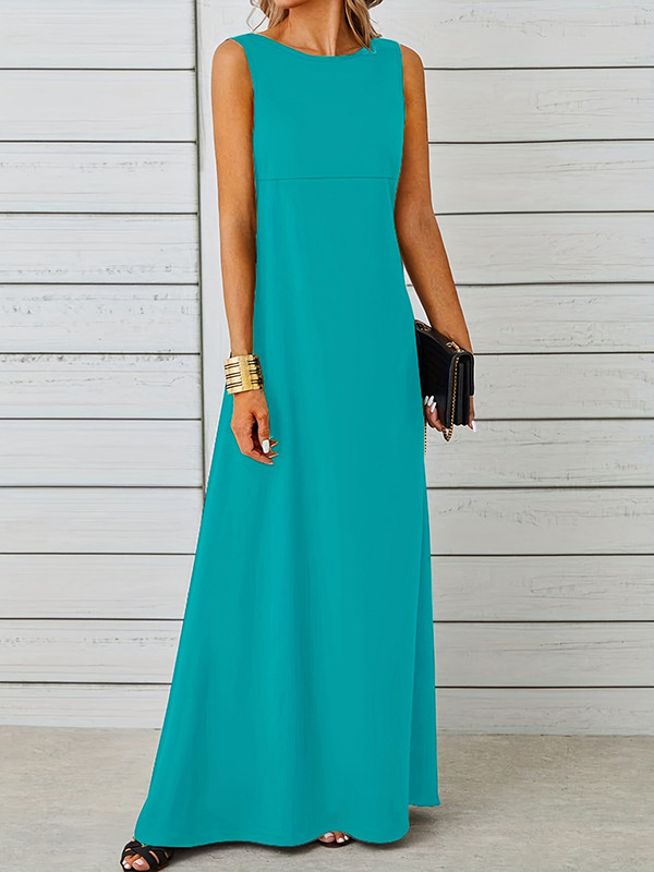 A-Line Loose Pleated Solid Color Round-Neck Maxi Dresses