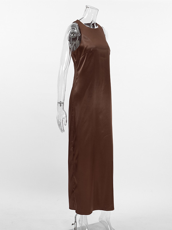 Loose Sleeveless Solid Color Split-Back Split-Joint Round-Neck Maxi Dresses