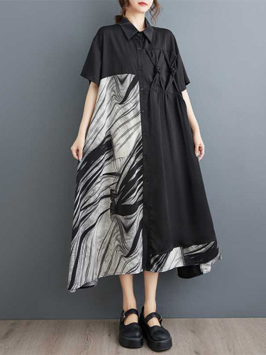 A-Line Loose Asymmetric Buttoned Pockets Split-Joint Lapel Midi Dresses Shirt Dress