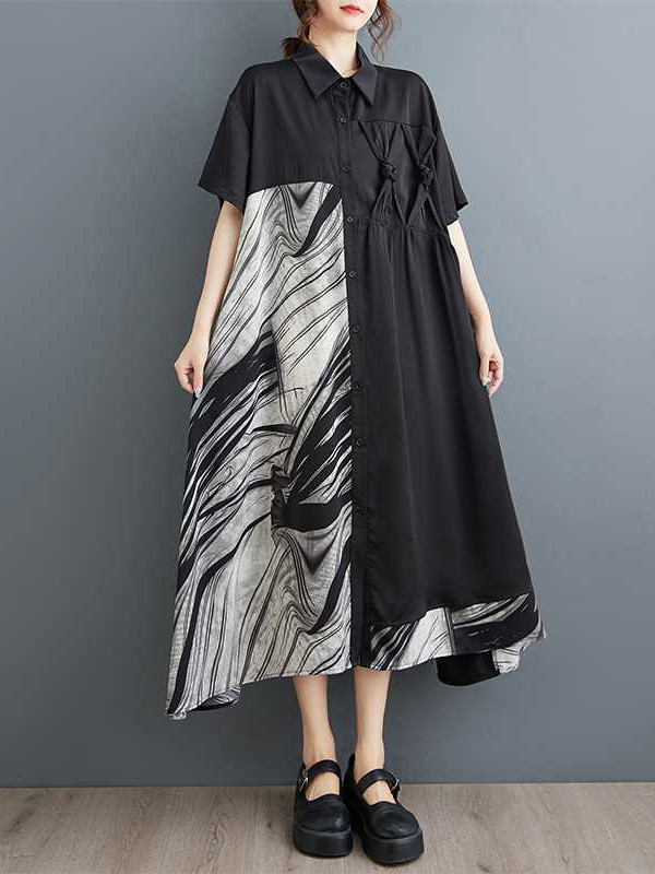 A-Line Loose Asymmetric Buttoned Pockets Split-Joint Lapel Midi Dresses Shirt Dress