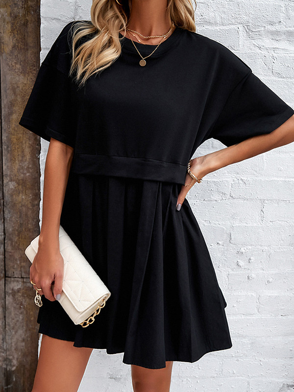 A-Line Half Sleeves Contrast Color Pleated Split-Joint Round-Neck Mini Dresses