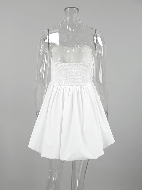 A-Line High Waisted Elasticity Pleated Pockets Solid Color Tube Mini Dresses