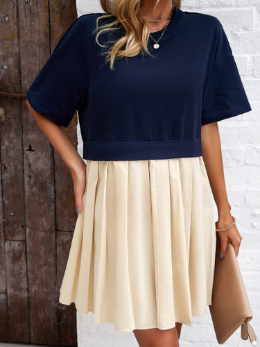 A-Line Half Sleeves Contrast Color Pleated Split-Joint Round-Neck Mini Dresses