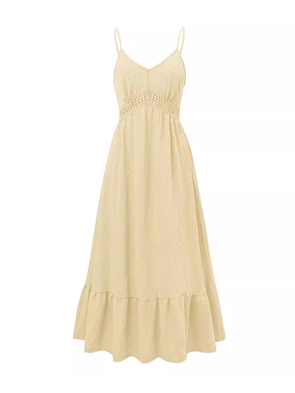 A-Line Loose Hollow Jacquard Pleated Solid Color Split-Joint Spaghetti-Neck Midi Dresses