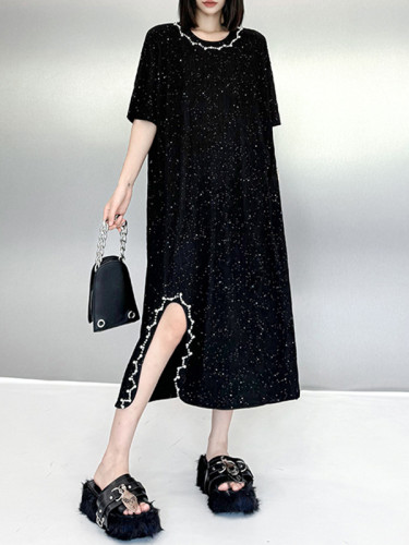 Loose Short Sleeves Asymmetric Beaded Shiny Split-Joint Round-Neck Midi Dresses