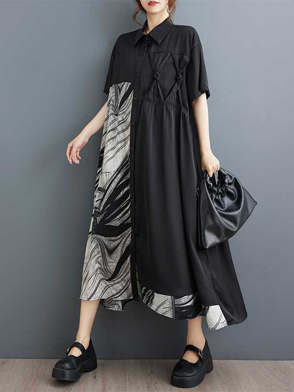 A-Line Loose Asymmetric Buttoned Pockets Split-Joint Lapel Midi Dresses Shirt Dress