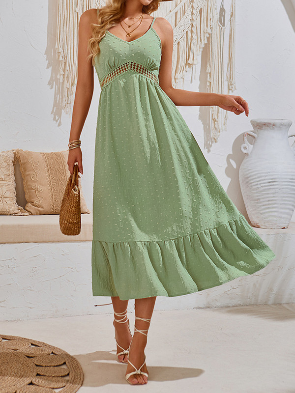 A-Line Loose Hollow Jacquard Pleated Solid Color Split-Joint Spaghetti-Neck Midi Dresses