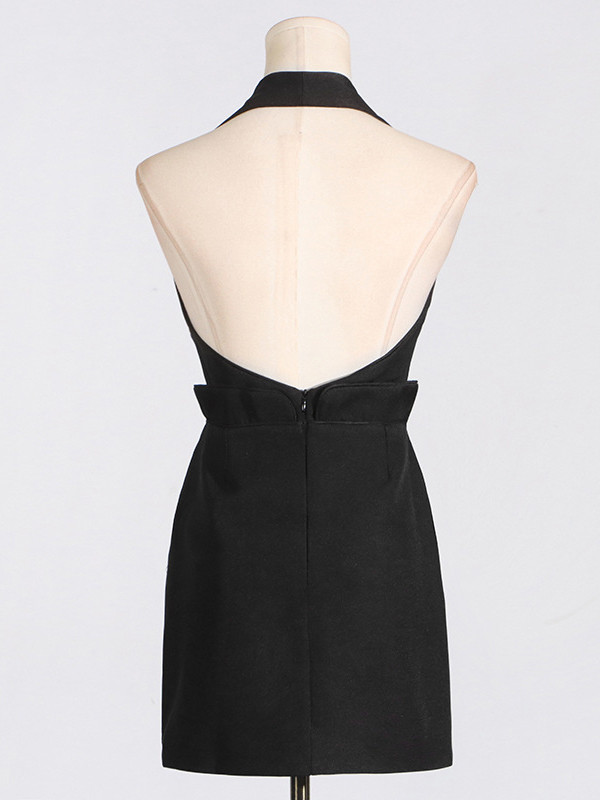 Bodycon High Waisted Backless Buttoned Pockets Split-Joint Halter-Neck Mini Dresses