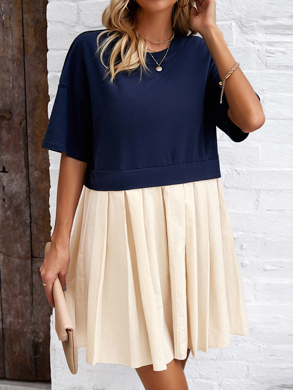 A-Line Half Sleeves Contrast Color Pleated Split-Joint Round-Neck Mini Dresses