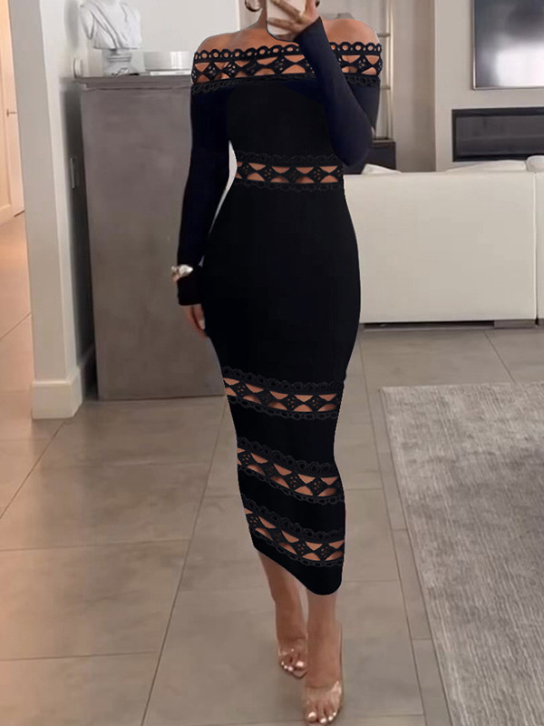 Plataz Sleeves Skinny Pleated See-Through Solid Color Split-Joint Off-The-Shoulder Evening Dresses Maxi HZ1007 main image 0