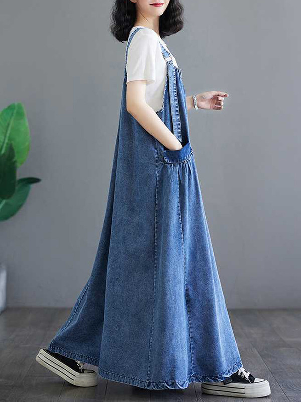 Loose Pleated Suspender A-line Dress