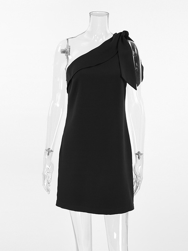 Loose Sleeveless Solid Color Split-Joint Tied Zipper One-Shoulder Mini Dresses