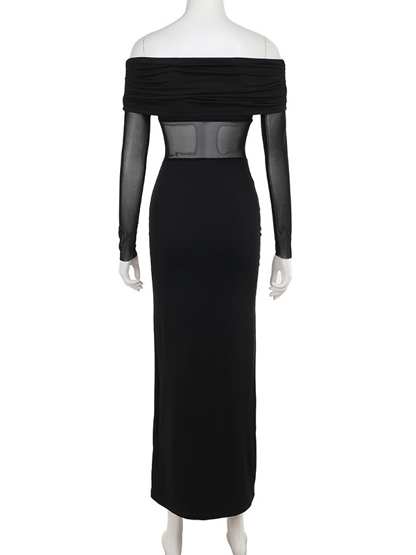 Long Sleeves Skinny Pleated See-Through Solid Color Split-Joint Off-The-Shoulder Evening Dresses Maxi Dresses