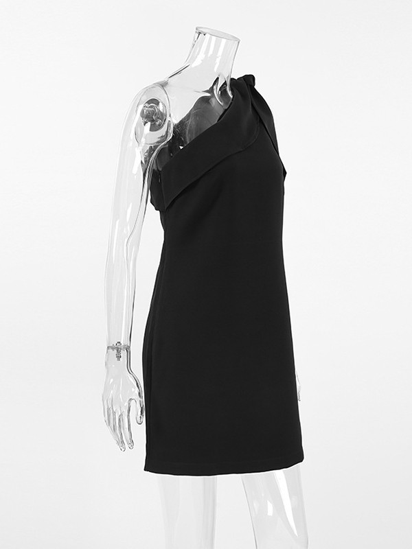 Loose Sleeveless Solid Color Split-Joint Tied Zipper One-Shoulder Mini Dresses