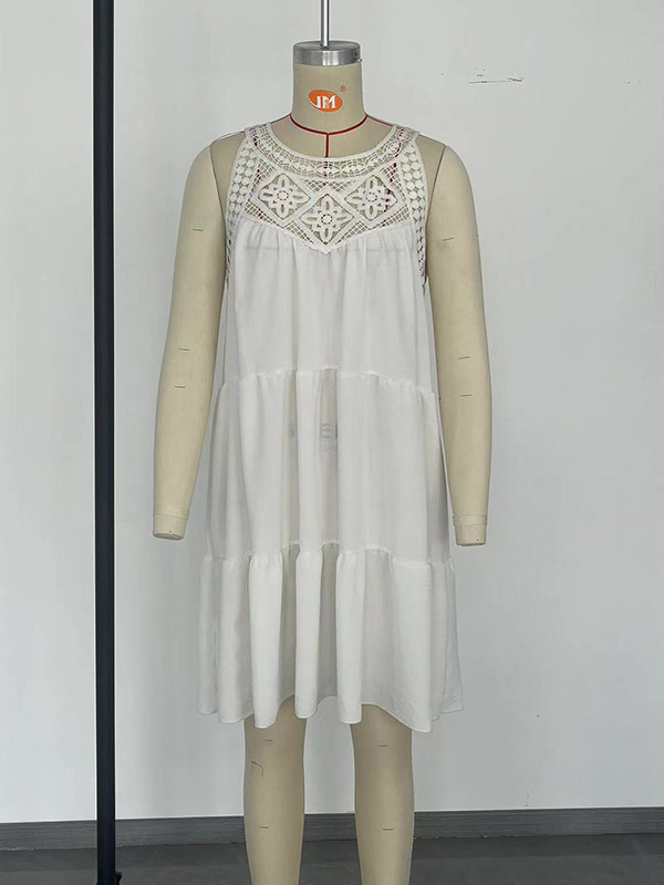 A-Line Loose Hollow Pleated Solid Color Split-Joint Round-Neck Mini Dresses