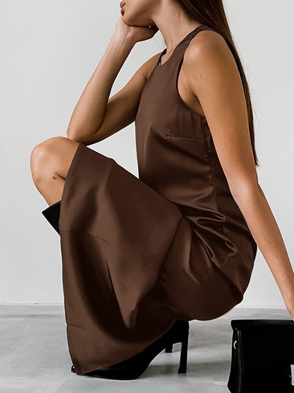 Loose Sleeveless Solid Color Split-Back Split-Joint Round-Neck Maxi Dresses