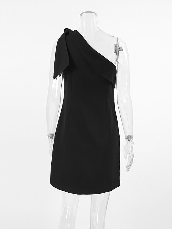 Loose Sleeveless Solid Color Split-Joint Tied Zipper One-Shoulder Mini Dresses