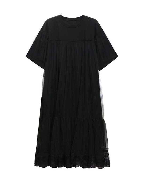 Fake Two-Piece Loose Gauze Pleated Solid Color Split-Joint Tiered Round-Neck Midi Dresses