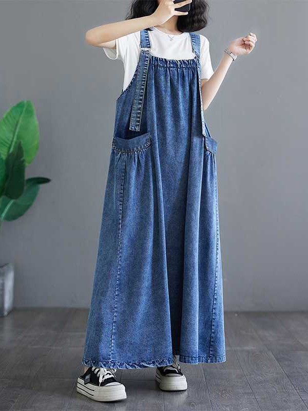 Contrast Color Pleated Split-Joint A-Line Loose Spaghetti-Neck Maxi Dresses