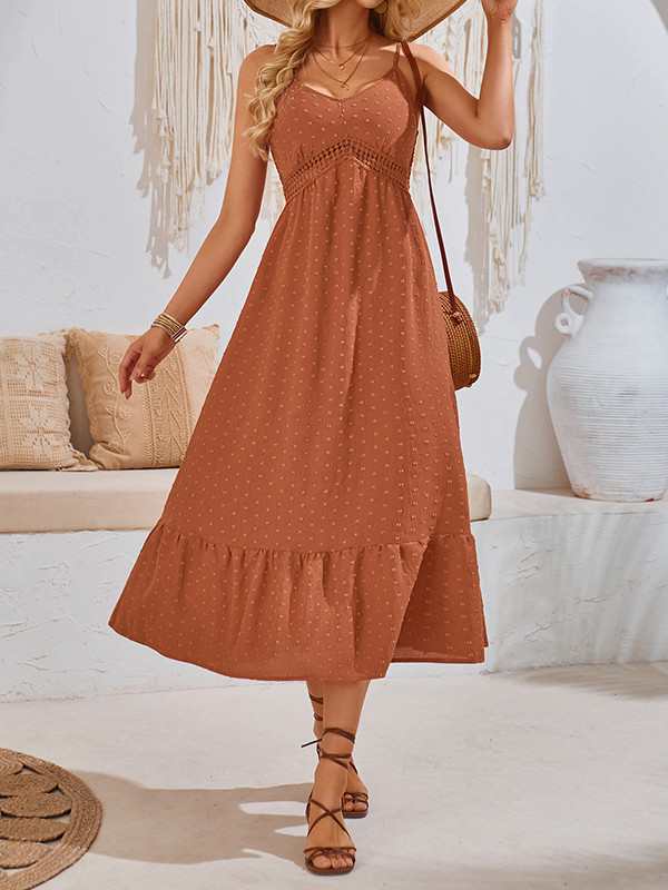 A-Line Loose Hollow Jacquard Pleated Solid Color Split-Joint Spaghetti-Neck Midi Dresses