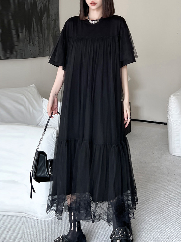 Fake Two-Piece Loose Gauze Pleated Solid Color Split-Joint Tiered Round-Neck Midi Dresses