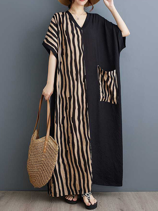 A-Line Batwing Sleeves Contrast Color Pockets Split-Joint Striped V-Neck Maxi Dresses