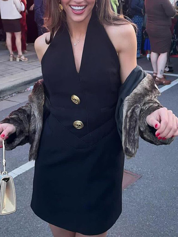 Bodycon High Waisted Backless Buttoned Pockets Split-Joint Halter-Neck Mini Dresses