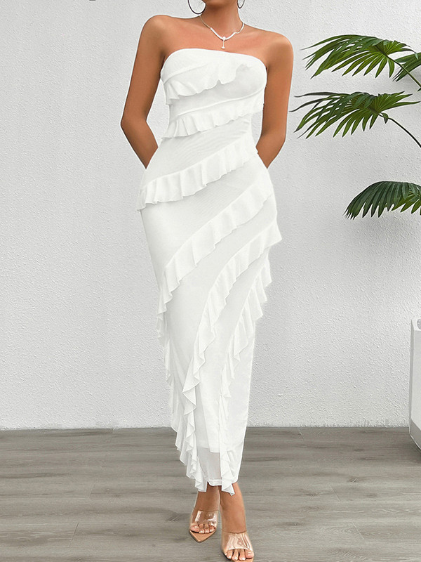 Bodycon High Waisted Ruffle Trim Solid Color Split-Back Split-Joint Tube Maxi Dresses