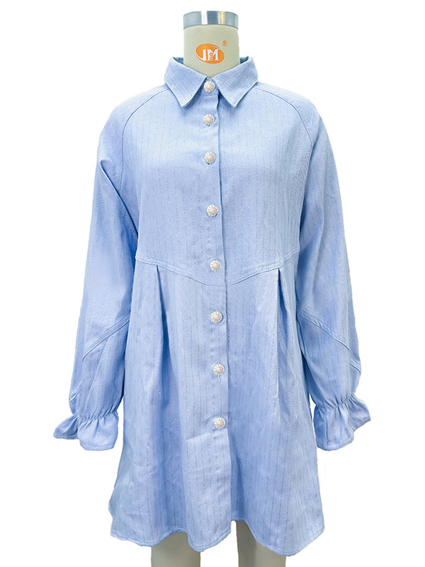 A-Line Loose Pleated Split-Joint Striped Lapel Mini Dresses Shirt Dress