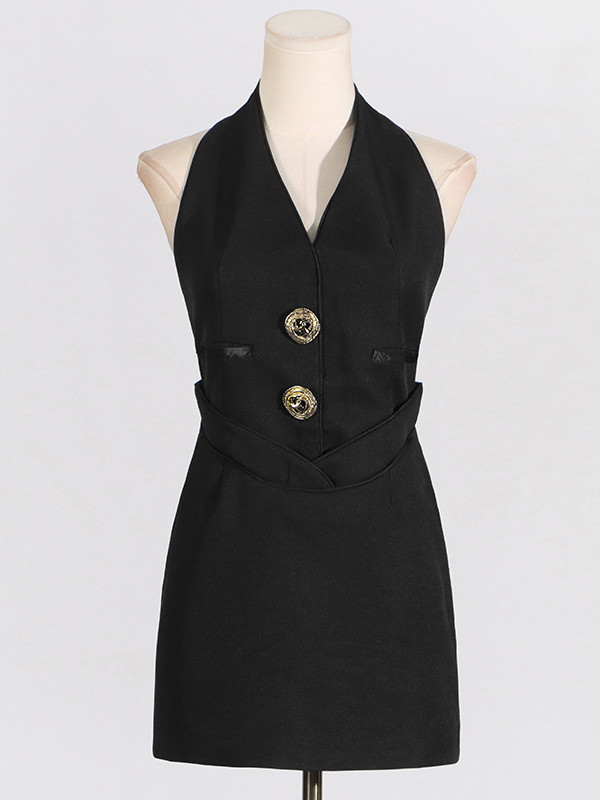 Bodycon High Waisted Backless Buttoned Pockets Split-Joint Halter-Neck Mini Dresses