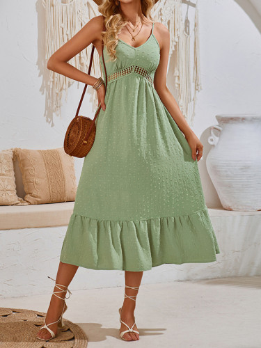 A-Line Loose Hollow Jacquard Pleated Solid Color Split-Joint Spaghetti-Neck Midi Dresses