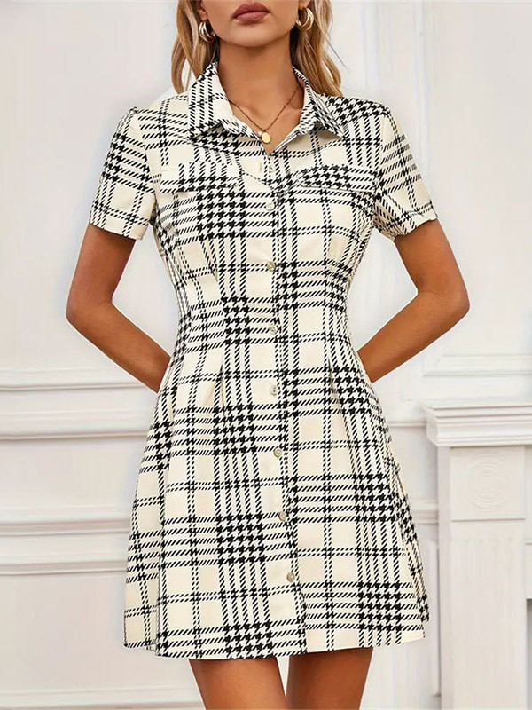 High Waisted Short Sleeves Buttoned Contrast Color Plaid Pleated Lapel Mini Dresses Shirt Dress