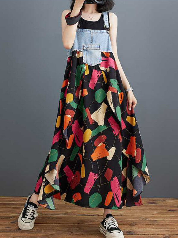 A-Line Loose Contrast Color Pockets Printed Split-Joint Spaghetti-Neck Maxi Dresses