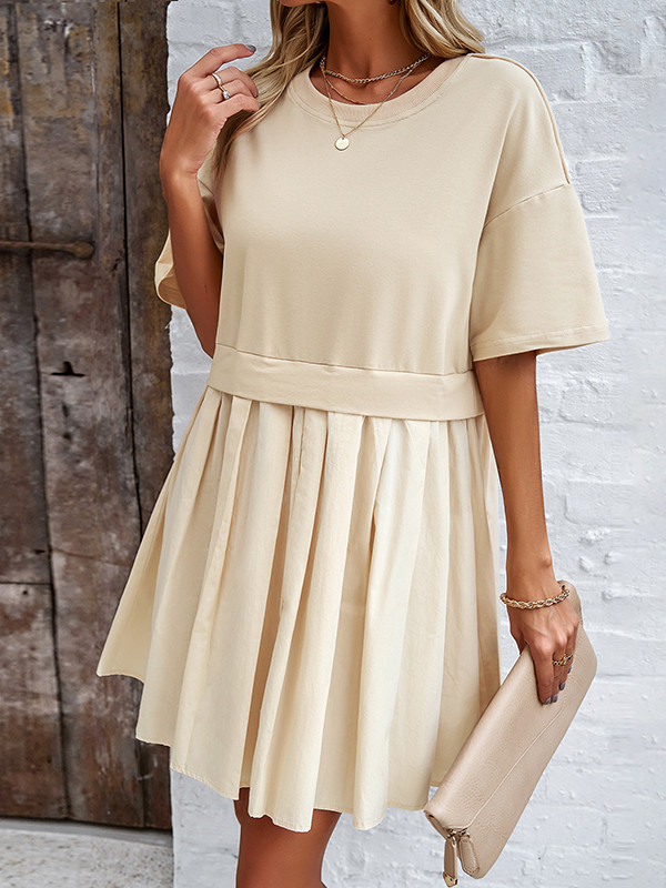 A-Line Half Sleeves Contrast Color Pleated Split-Joint Round-Neck Mini Dresses