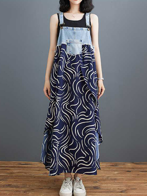 A-Line Loose Contrast Color Pockets Printed Split-Joint Spaghetti-Neck Maxi Dresses Suspender Dress